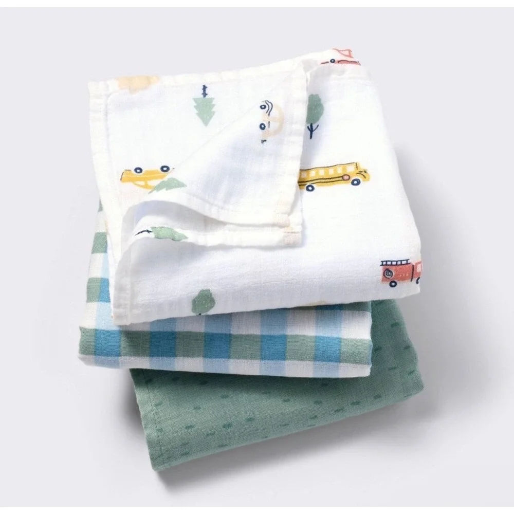Cloud Island‎ Muslin Blankets 3pk Blue Green Transportation Cars 47x47 VSCIMB